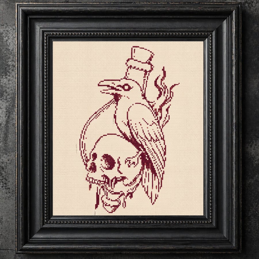 Dark Crow Skull Cross Stitch Pattern PDF, Gothic Bird Embroidery Chart,
