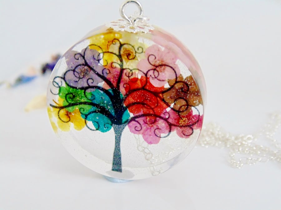 Rainbow Flower Tree Necklace, Tree Pendant, Gift for Mum, Botanical Jewellery