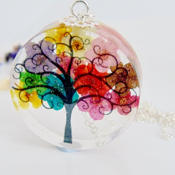 Rainbow Flower Tree Necklace, Tree Pendant, Gift for Mum, Botanical Jewellery