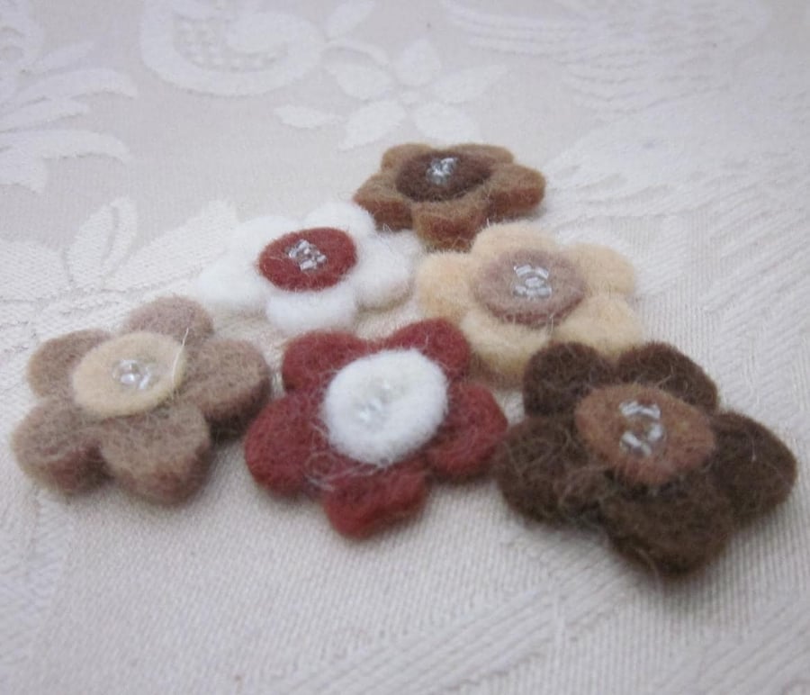 6 Brown Beaded Felt Flower Embellishments