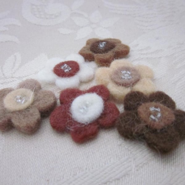 6 Brown Beaded Felt Flower Embellishments