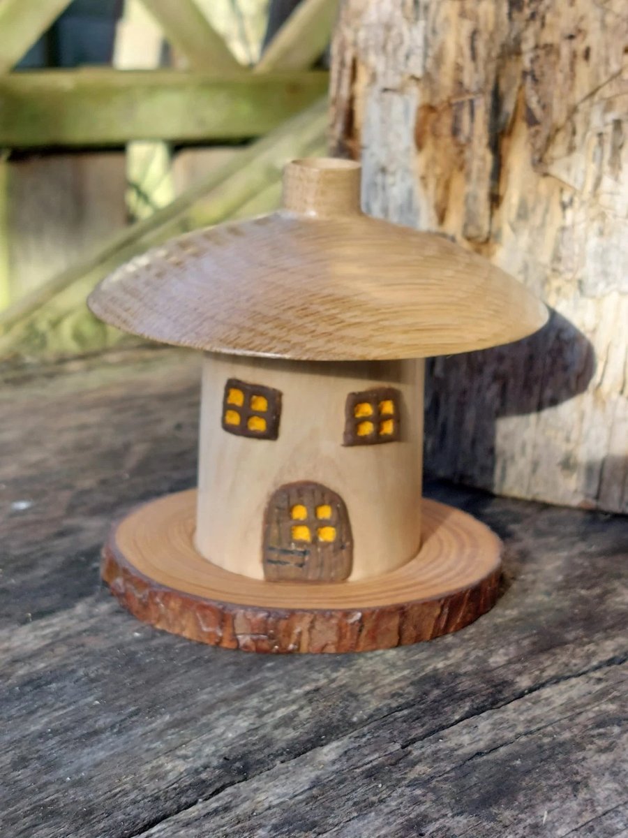 Quirky Hand crafted Wood turned Fairy Toadstool Cottage Incense Burner and cones