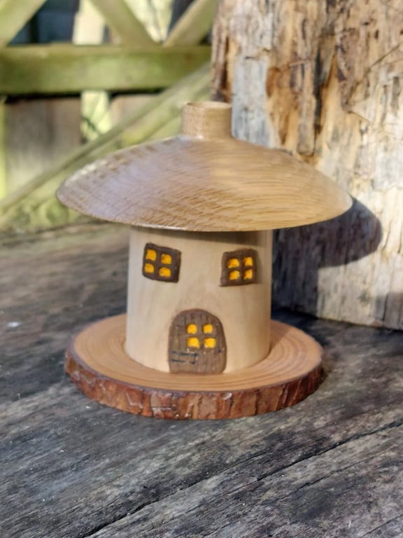 Quirky Hand crafted Wood turned Fairy Toadstool Cottage Incense Burner and cones