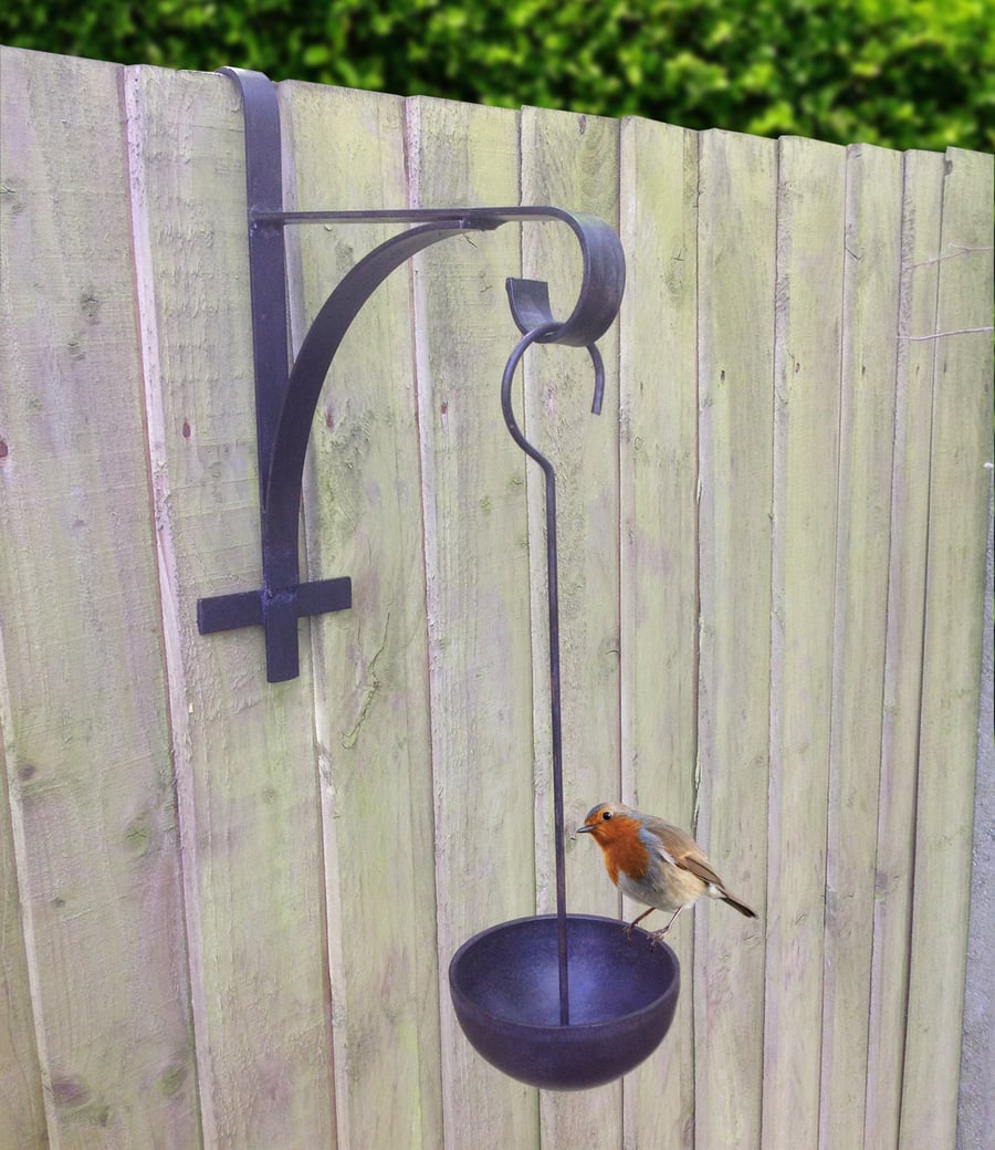 Hand made hanging bird feeder bowl, fence hanging bracket set