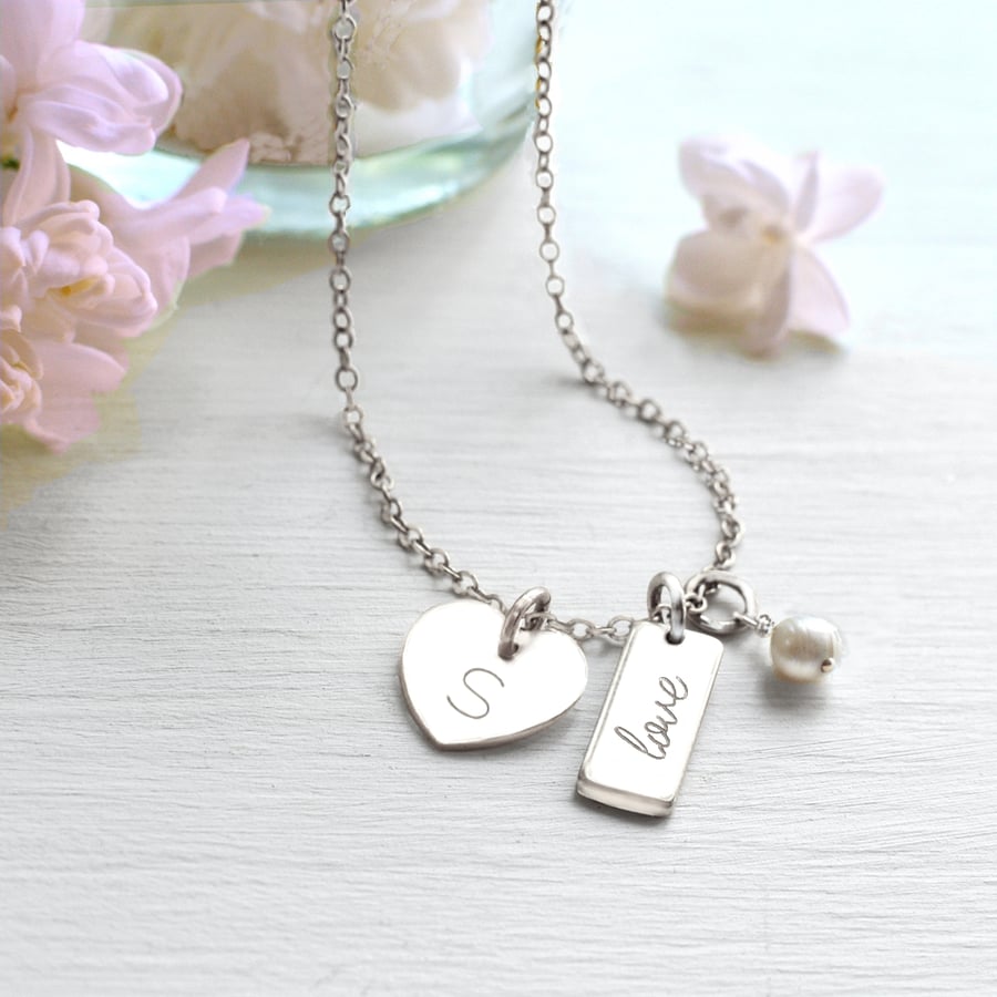 Personalised Sterling Silver Heart, Pearl and 'love' Mini Bar Necklace 