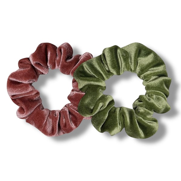 Set of 2 - Rose Pink & Apple Green Velvet Scrunchies - Regular