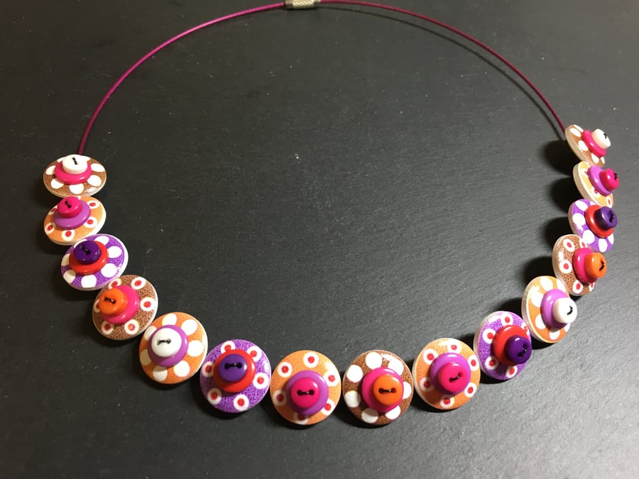 Button Necklace Spotted Wooden Choker  Orange Purple Brown Pink