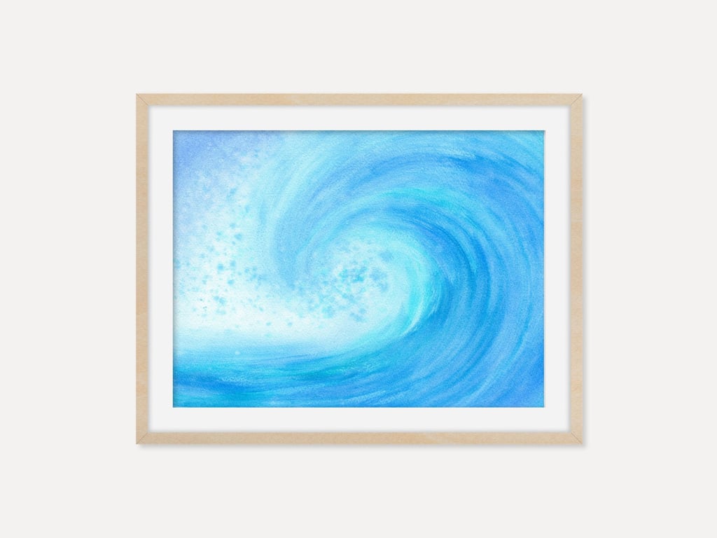 Crashing Blue Ocean Wave Fine Art Print, Coastal Watercolor Wall Art Poster