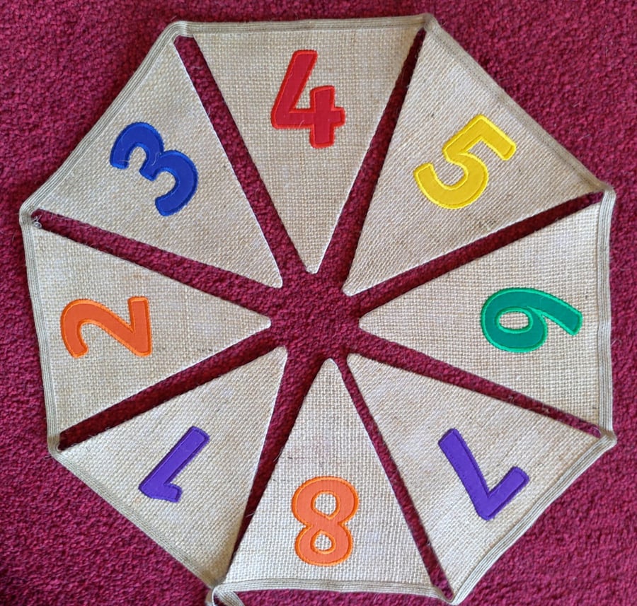 Numbers Bunting Hessian Embroidered - 0-10; 1-10; 0-20;1-20; 0-50; 1-50 