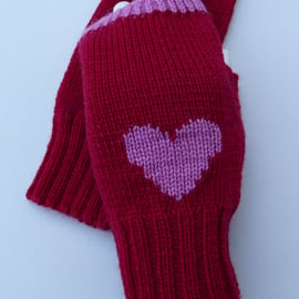 Red Heart Knitted Wool Fingerless Gloves
