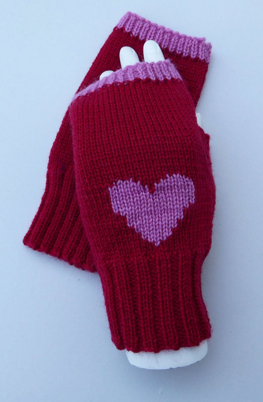 Red Heart Knitted Wool Fingerless Gloves