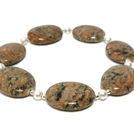 Brown Sesame Jasper Stretch Bracelet With Cream Pearls