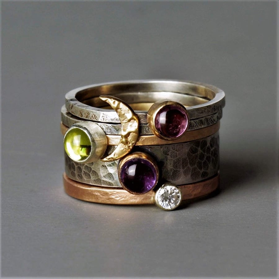 Silver and gold Multi gemstone and diamond statement ring