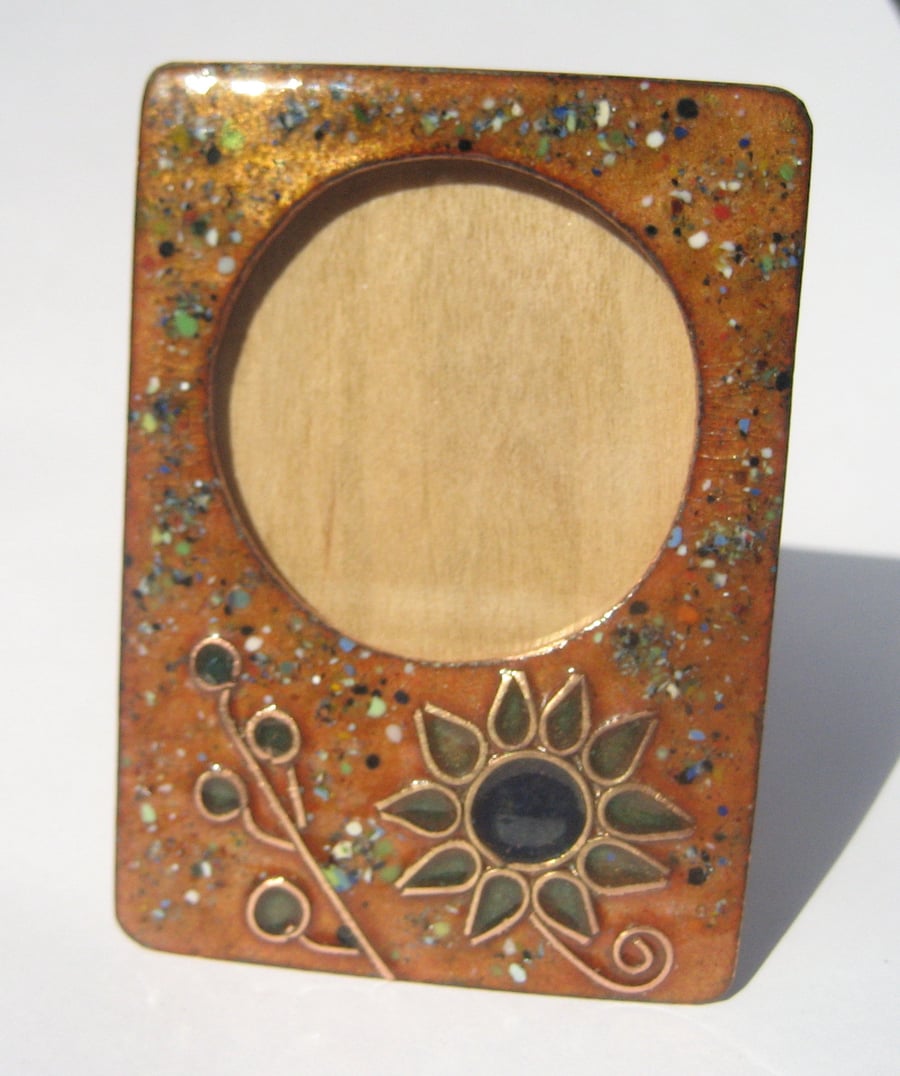 Enamelled photo frame in copper -Blues and ambers abstract design flowers