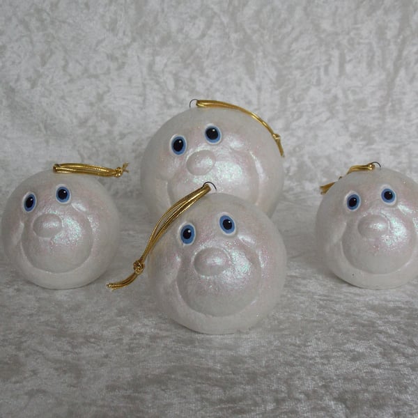 Ceramic Set of Hand Painted White Glittery Snowballs Christmas Tree Decorations.