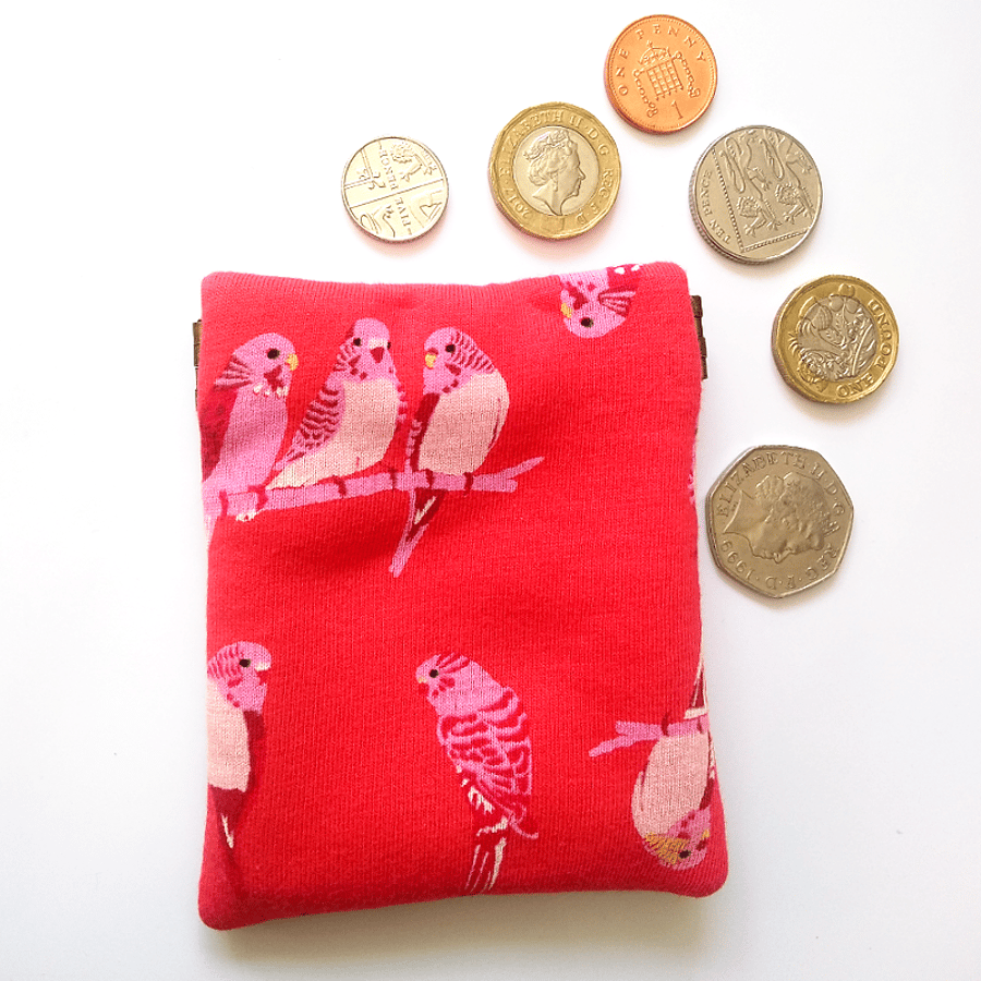 Red budgie coin purse, earbud pouch, POSTAGE INCLUDED