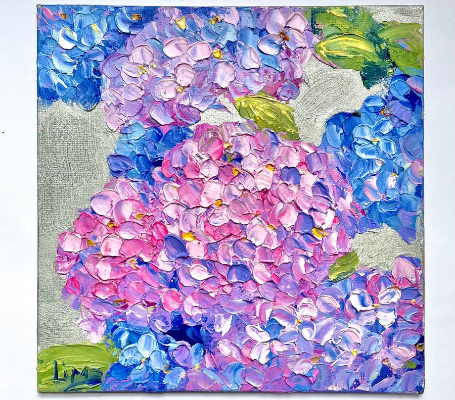 Blue Hydrangea Painting on Canvas Floral Original Art 6x6 Small Oil Painting Imp