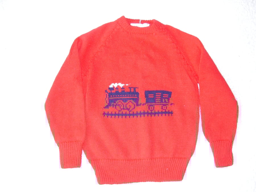Train Jumper with motif on the front. Machine washable wool or cotton