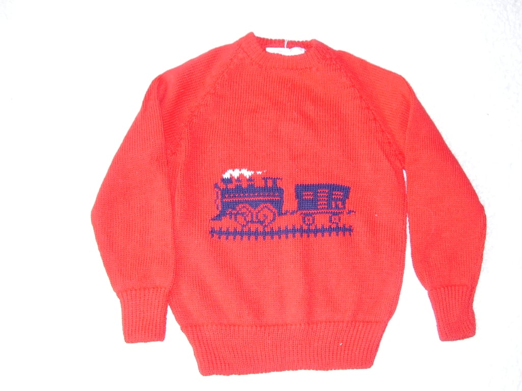 Train Jumper with motif on the front. Machine washable wool or cotton