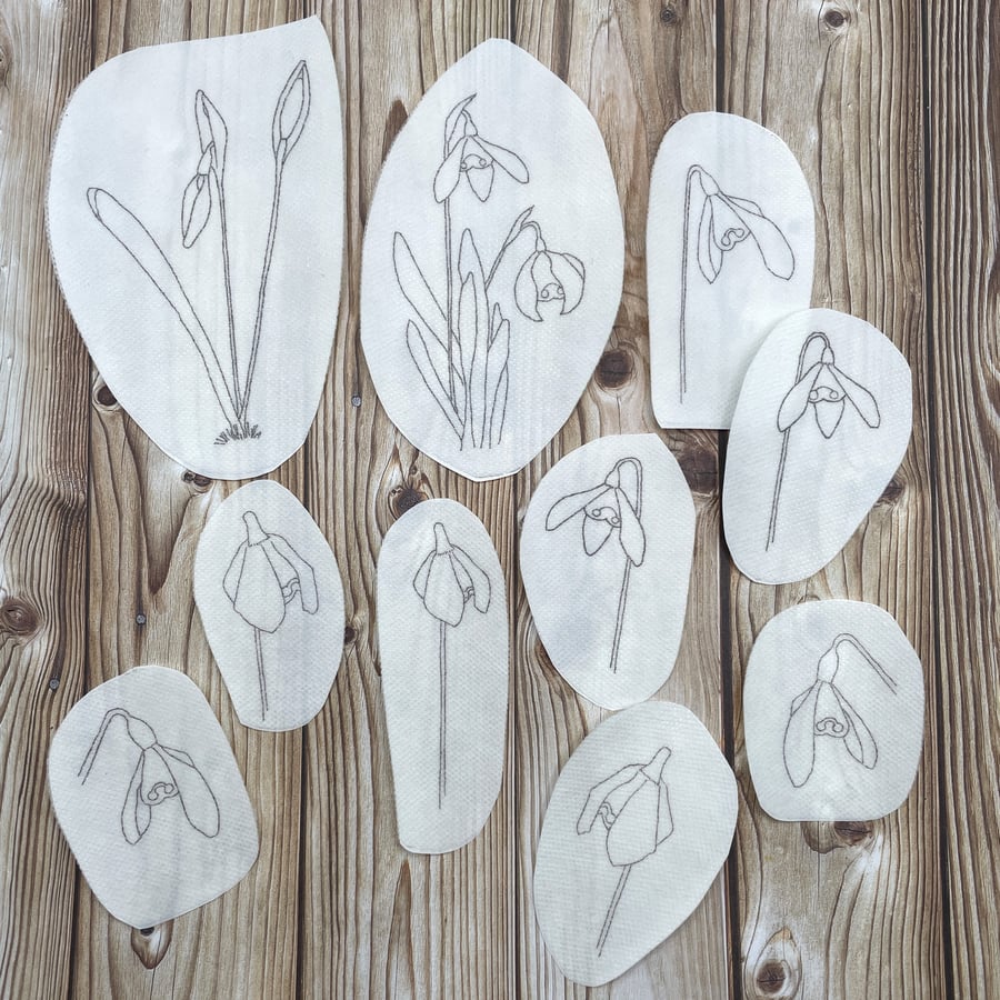 Snowdrop embroidery designs. Hand drawn stick and stitch patches.
