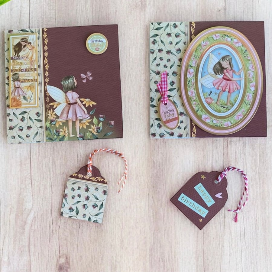 Set of two fairy birthday cards and gift tags. 