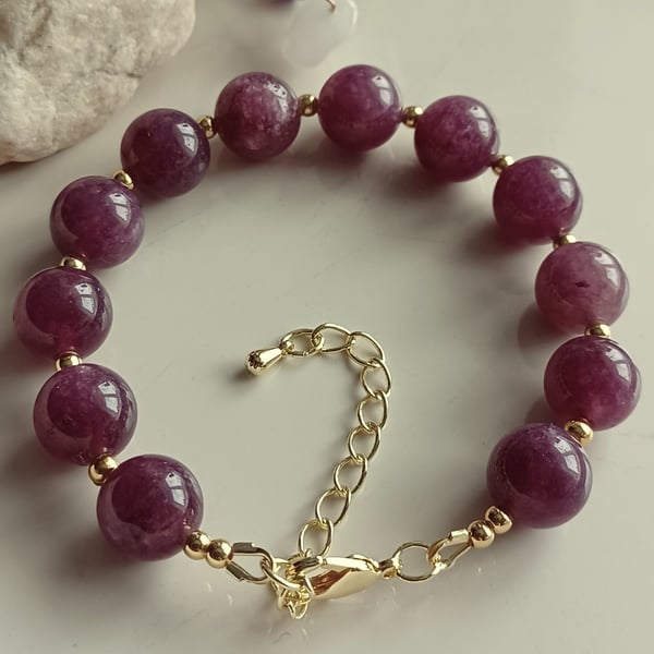 Lepidolite Beaded Bracelet, Adjustable Wrist Size, Gold Plated Stainless Steel 