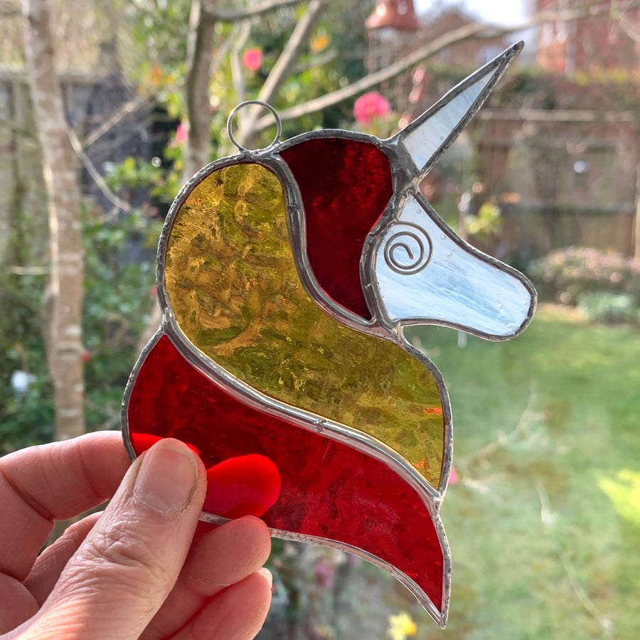 Stained Glass Unicorn Suncatcher - Handmade Decoration - Red Amber