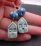 blue lampwork glass earrings, ceramic house jewellery - Image 3