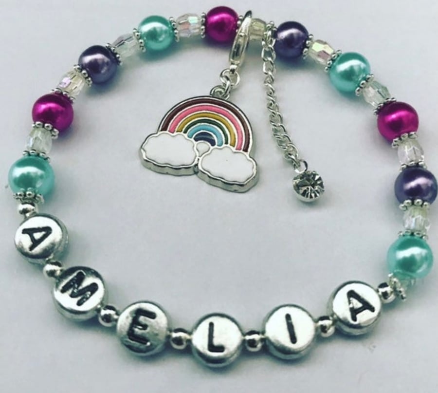 Ab crystal and multicoloured beaded personalised rainbow bracelet