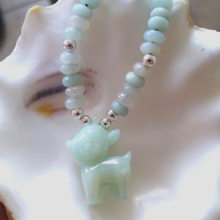 Carved Amazonite Bambi Fawn Pendant Sterling Silver16 Inch Necklace