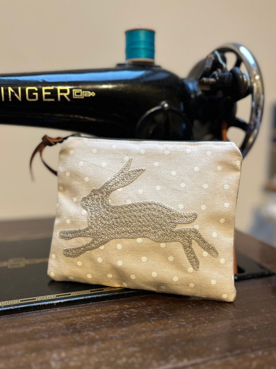 Embroidered Hare and moleskin small zip pouch