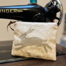 Embroidered Hare and moleskin small zip pouch