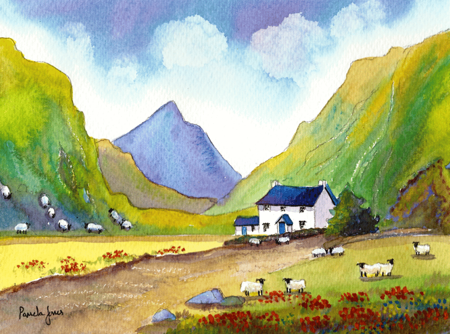 Hillside Cottage, Snowdonia, North Wales, Watercolour Print in 10 x 8 '' Mount