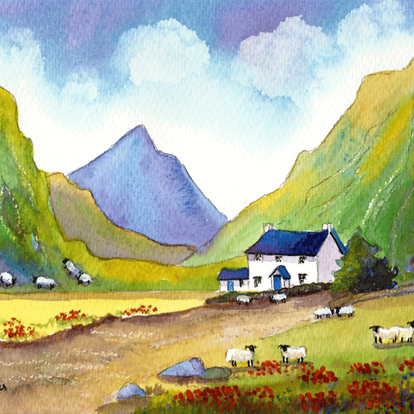 Hillside Cottage, Snowdonia, North Wales, Watercolour Print in 10 x 8 '' Mount