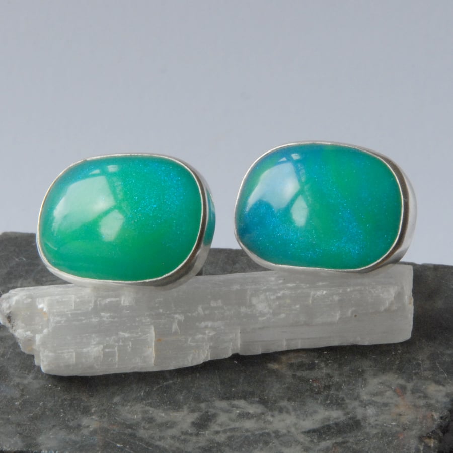 Bright blue bowlerite and sterling silver swivel cufflinks