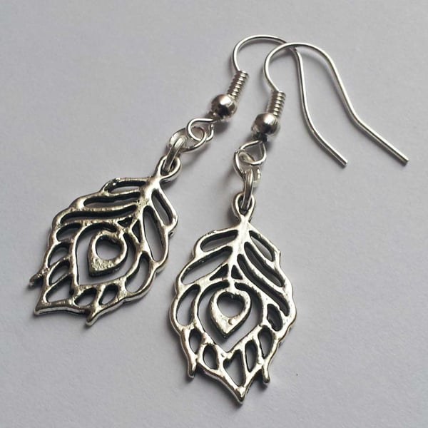 Feather Earrings Silver Plate Drop Dangle Earrings