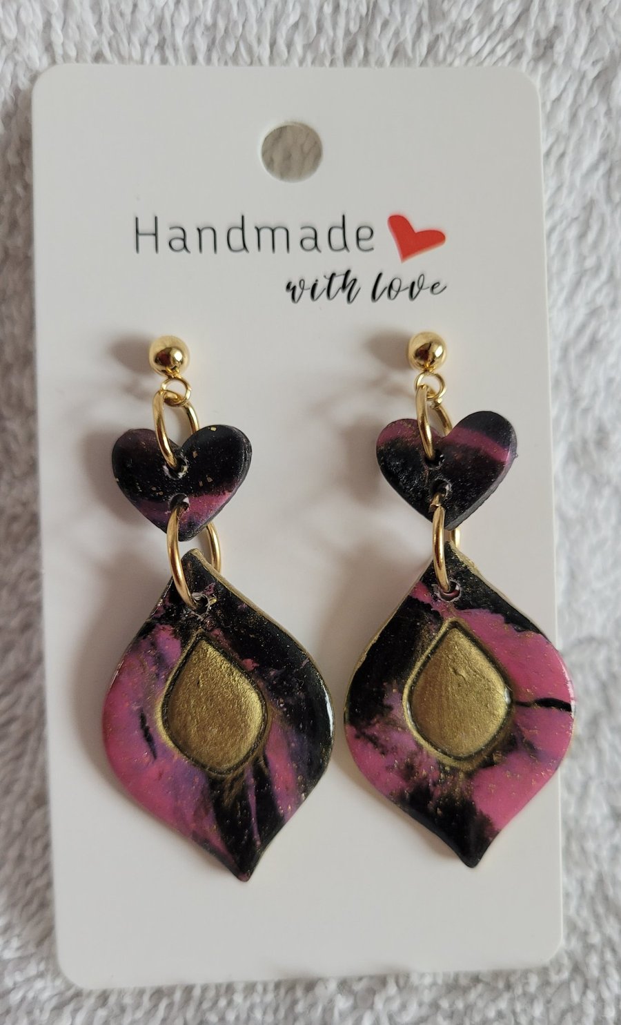 Handmade Polymer Clay Black, Pink and Gold Earrings. 316 Stainless Steel