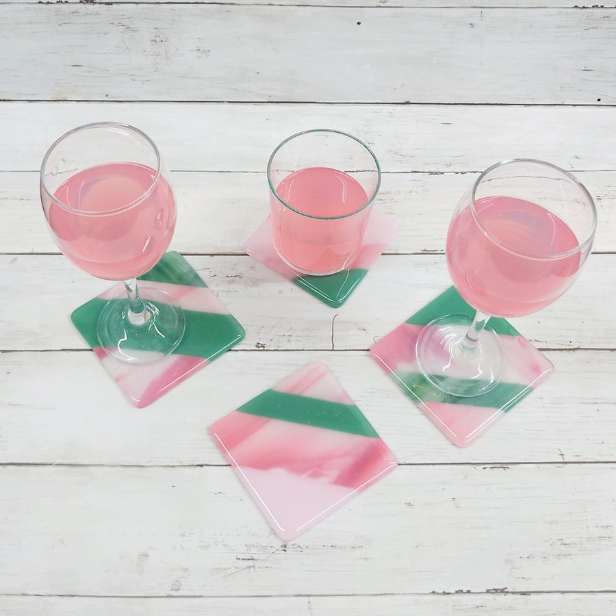 Individually Made Pink and Green Fused Glass Coasters - Set of 2