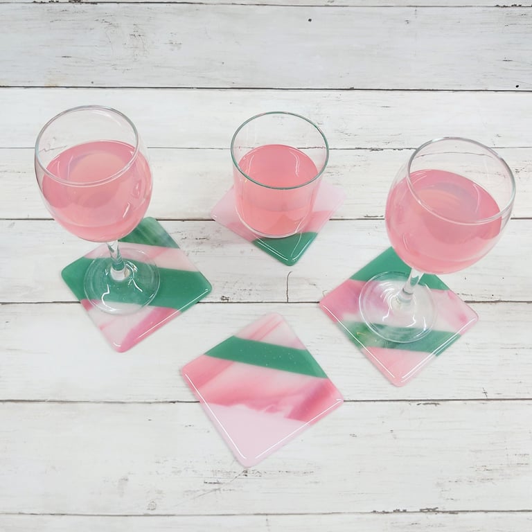 Individually Made Pink and Green Fused Glass Coasters - Set of 2