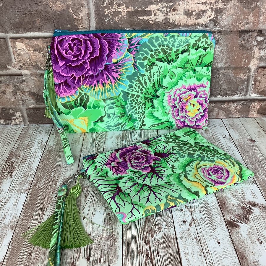 Cabbages  floralzip clutch bag, Detachable wrist strap, 2 size options, Handmade