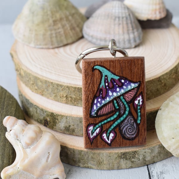 Purple Seashroom. Small pyrography key ring.