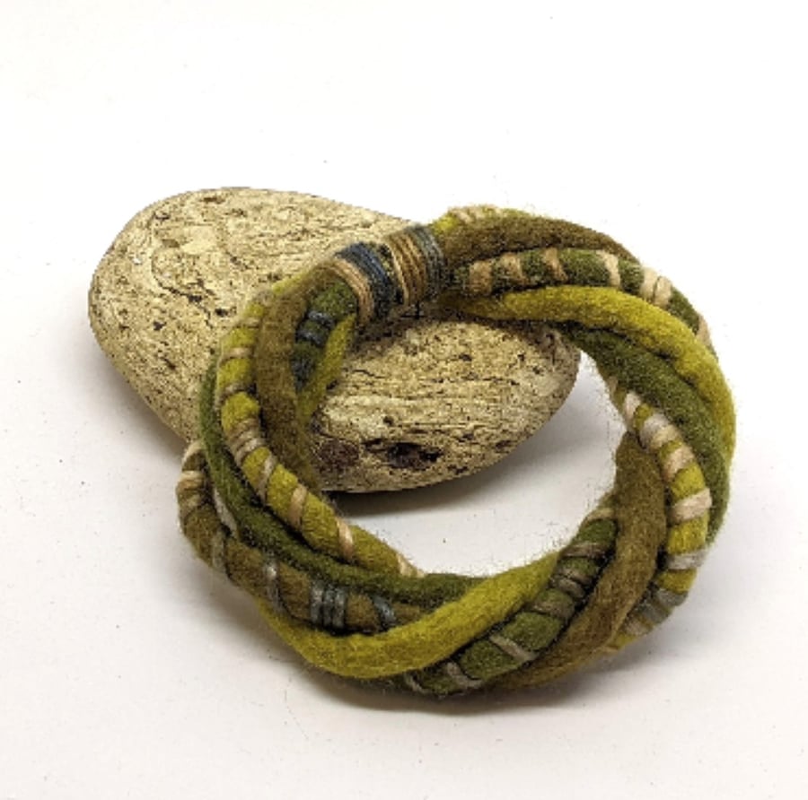 Felted merino cord bracelet in shades of olive