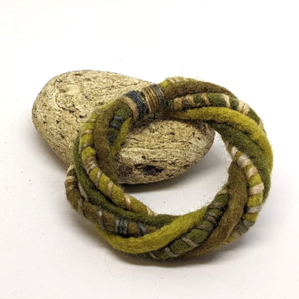 Felted merino cord bracelet in shades of olive