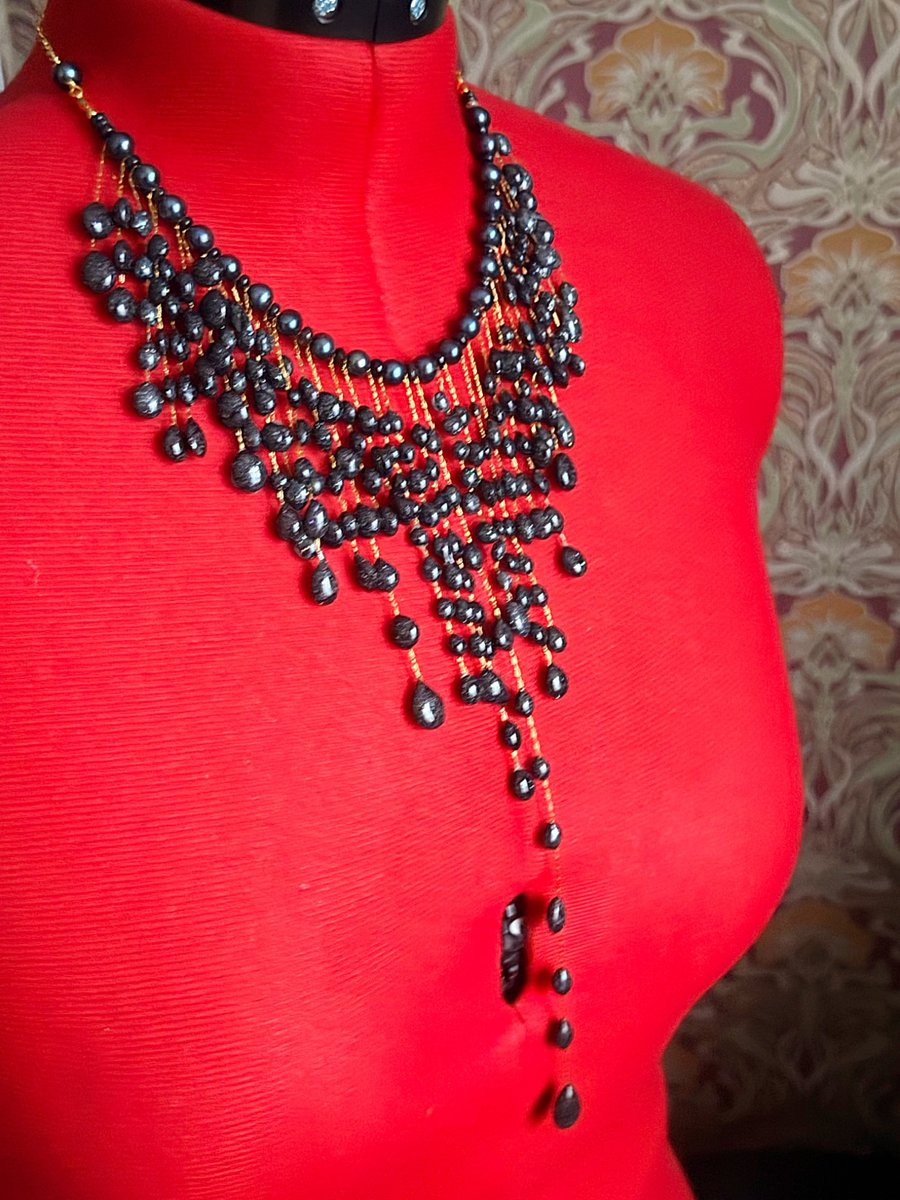  Cascading Sparkle Necklace With Black Pearls and Black Spinel