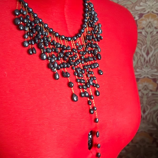  Cascading Sparkle Necklace With Black Pearls and Black Spinel