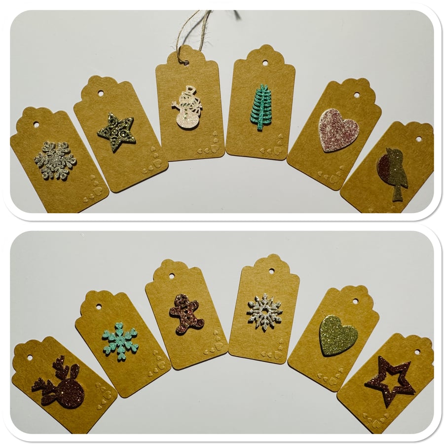 Recycled gift tags, embossed and embellished with hand painted wood decorations