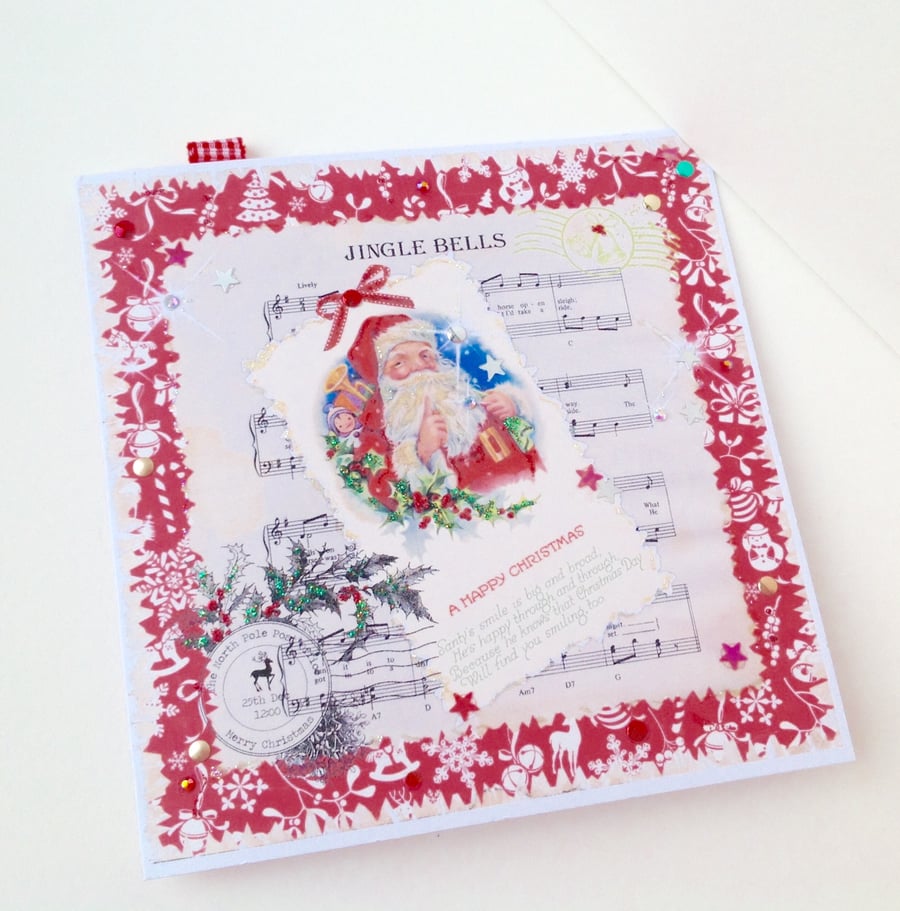 Christmas Cards,Pack of Five,Vintage Santa,Jingle Bells,Handmade,Personalised