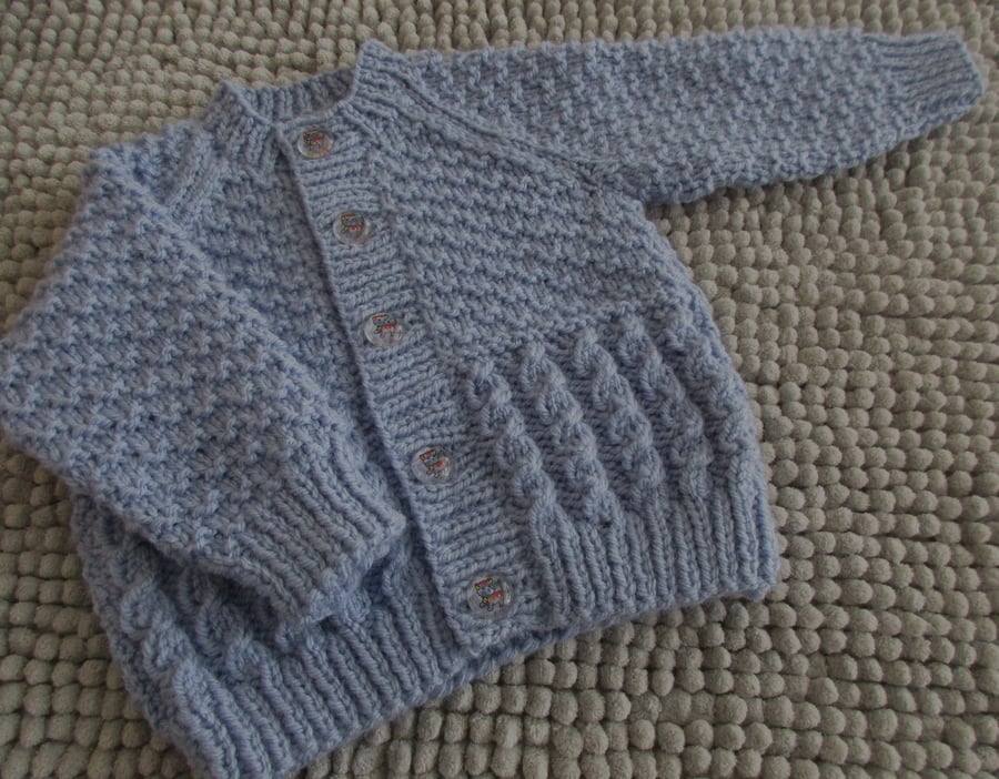 16" Patterned Baby Boys Round Neck Cardigan (Mid Denim)
