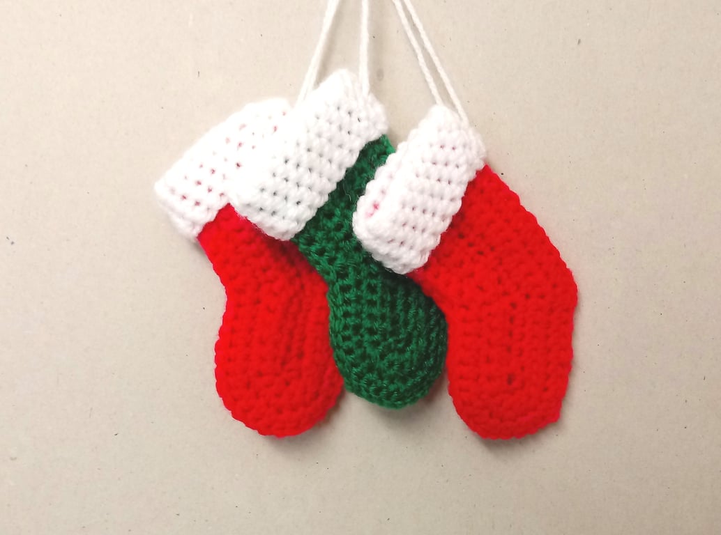 Mini Christmas stockings in red and green, set of three, handmade