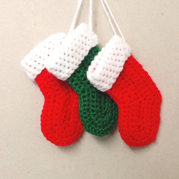 Mini Christmas stockings set of three, red and green, Christmas decorations